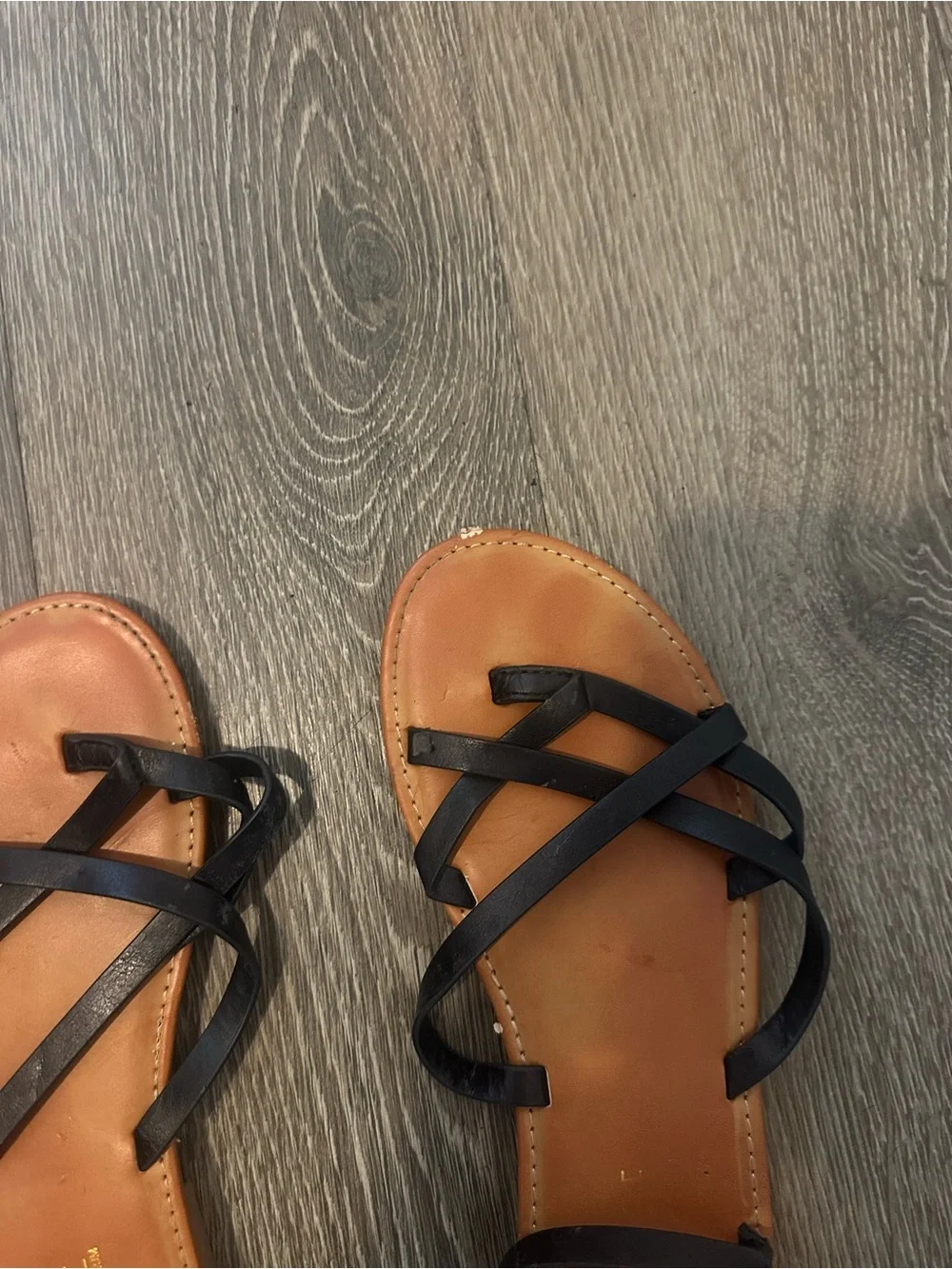 Women’s Black Strappy Lace-Up Flat Sandals with Tan Footbed